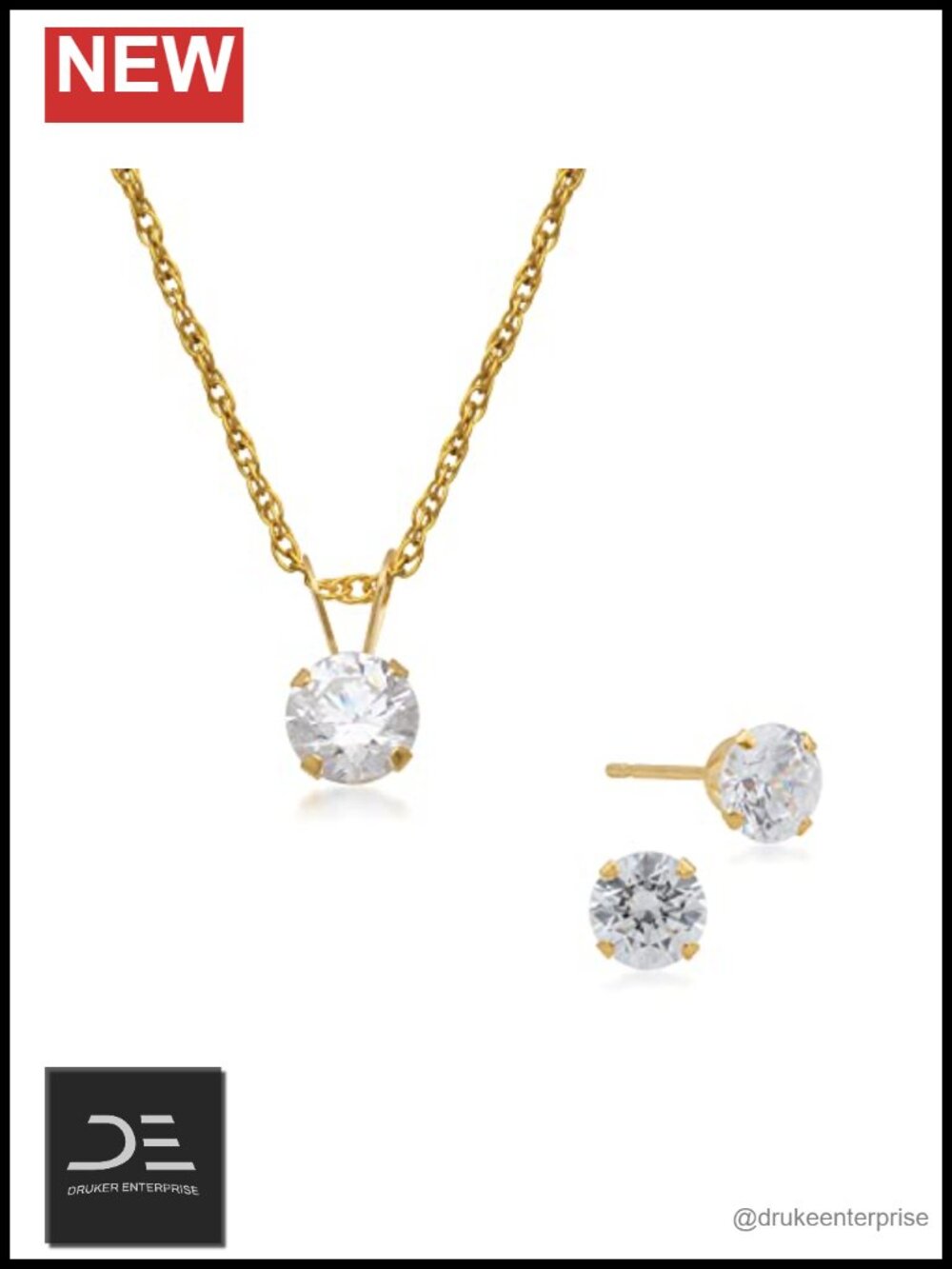 10K Gold Cubic Zirconia Necklace & Earrings Set Fine Jewelry